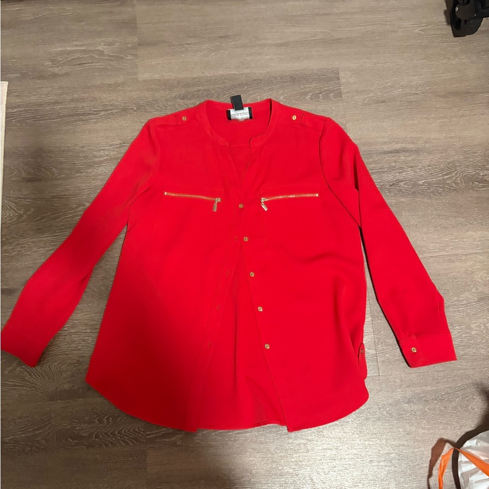 Women's Red Button-Front Blouse with Gold Zipper Details